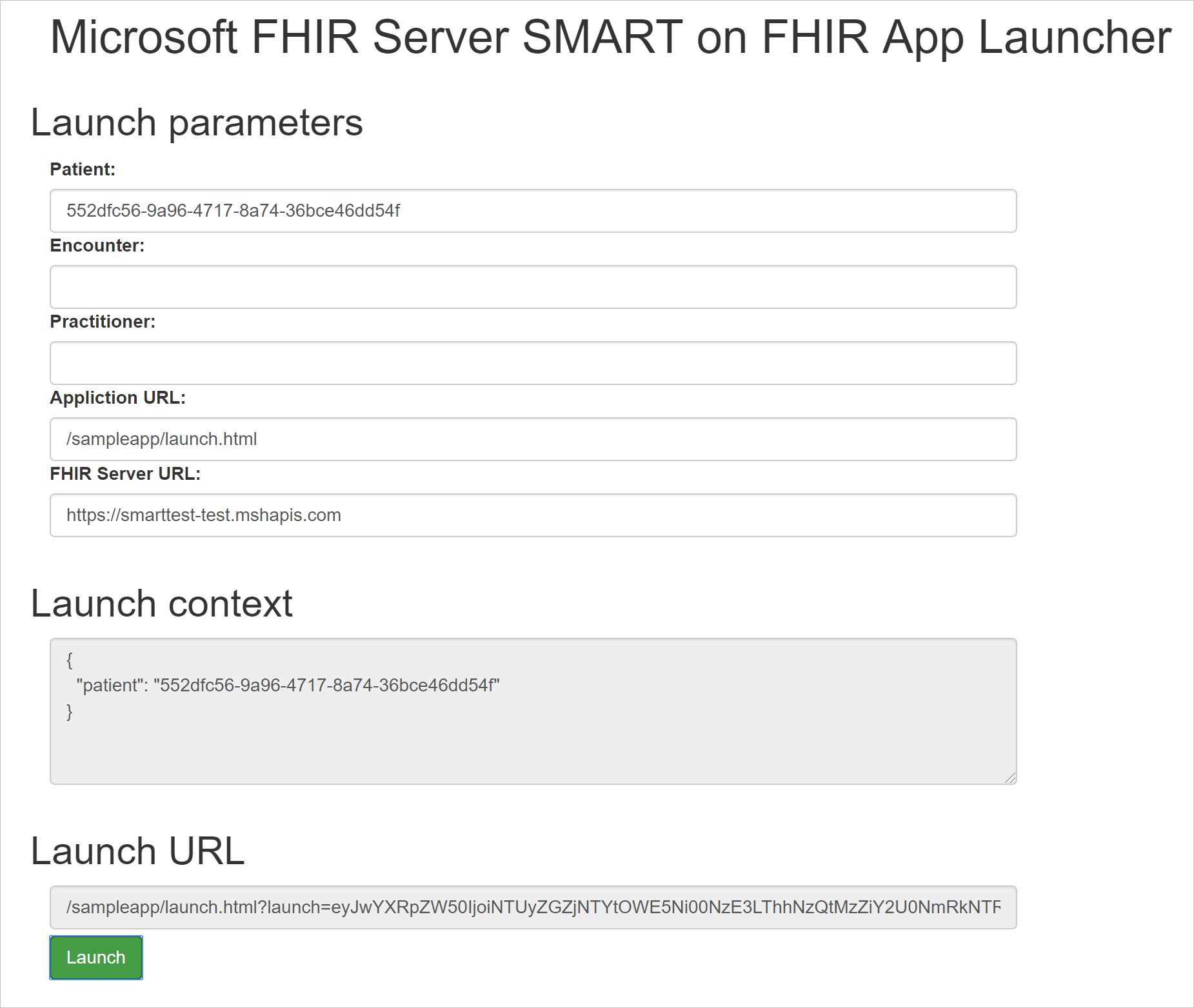 SMART on FHIR アプリ起動ツールのスクリーンショット。