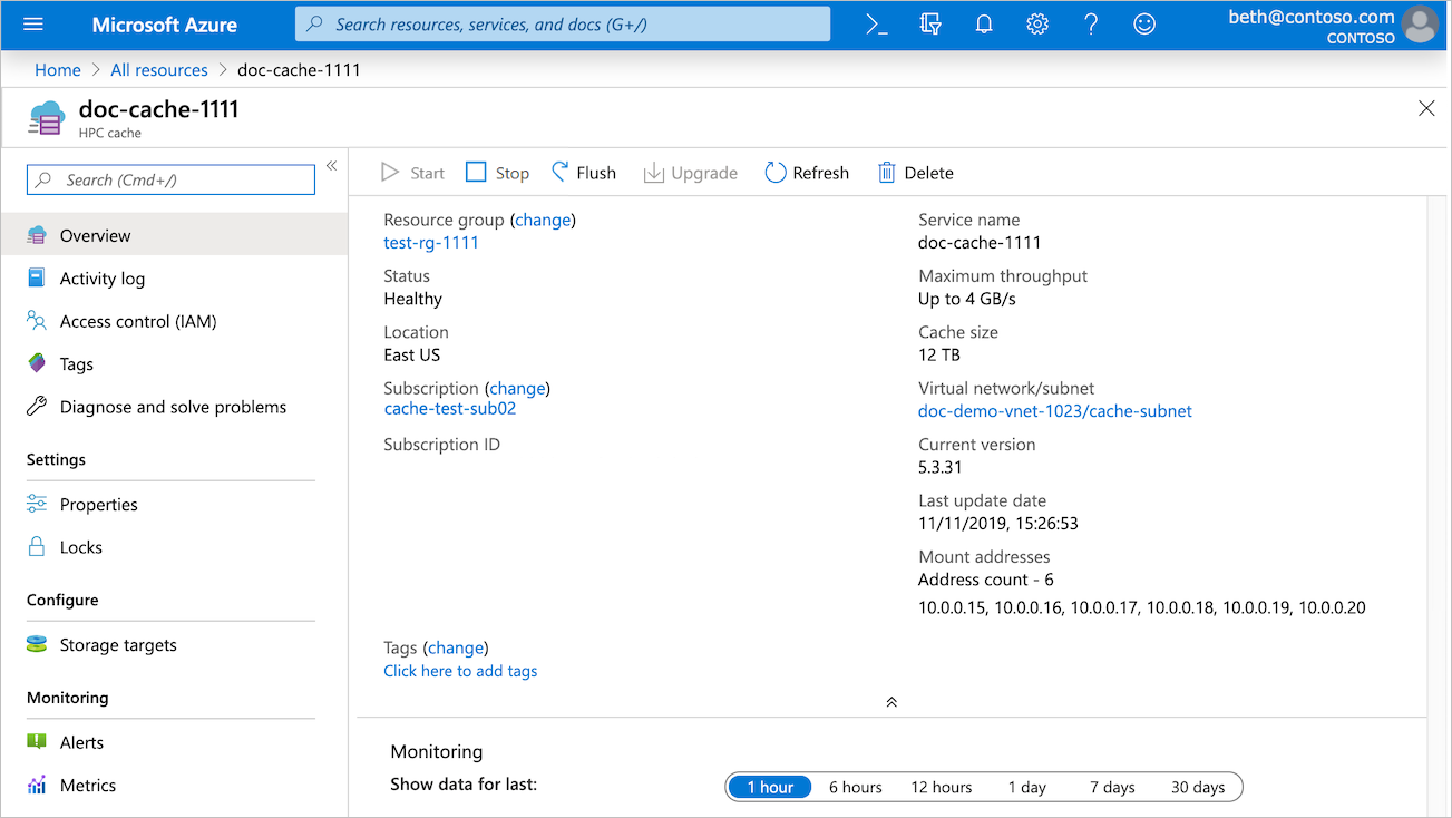 Azure portal における Azure HPC Cache インスタンスのスクリーンショット