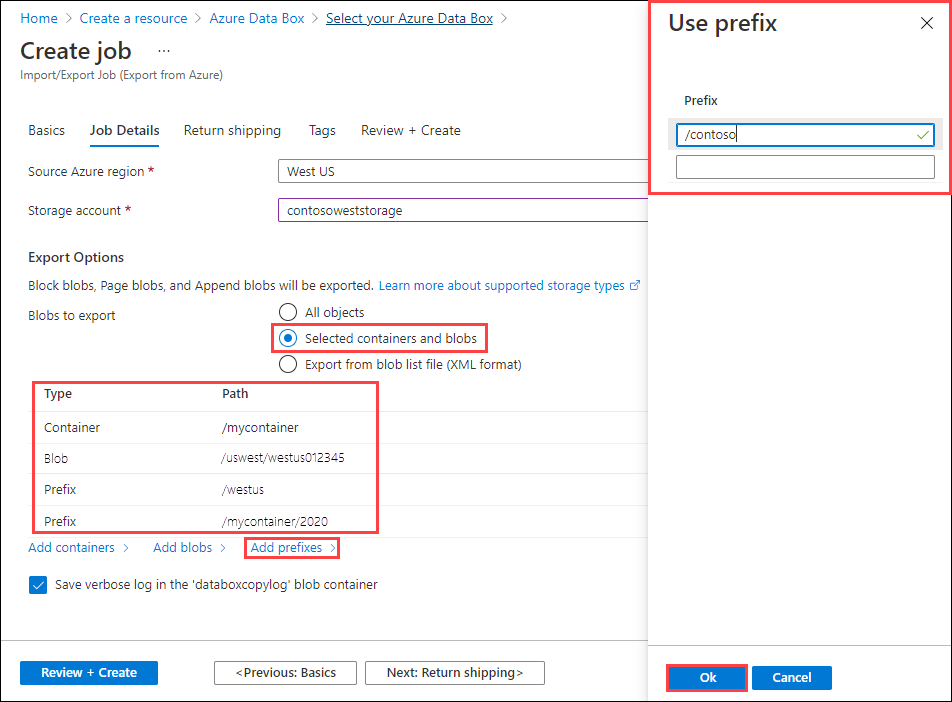 ポータルに表示された Azure Import/Export の新しいエクスポート ジョブの [選択されているコンテナーと BLOB] を示すスクリーンショット。