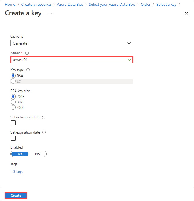 キー名が入力された Azure Key Vault の [キーの作成] 画面のスクリーンショット。[名前] フィールドと [作成] ボタンが強調表示されています。