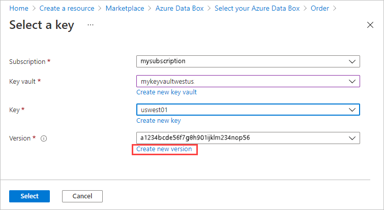 Azure Key Vault の [キーの作成] 画面のスクリーンショット。[新しいバージョンの作成] リンクが強調表示されています。