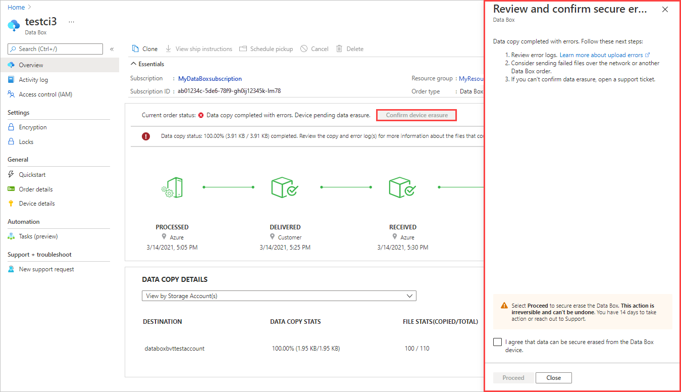 Azure portal でのアップロード エラーについて確認し、続行するためのパネル