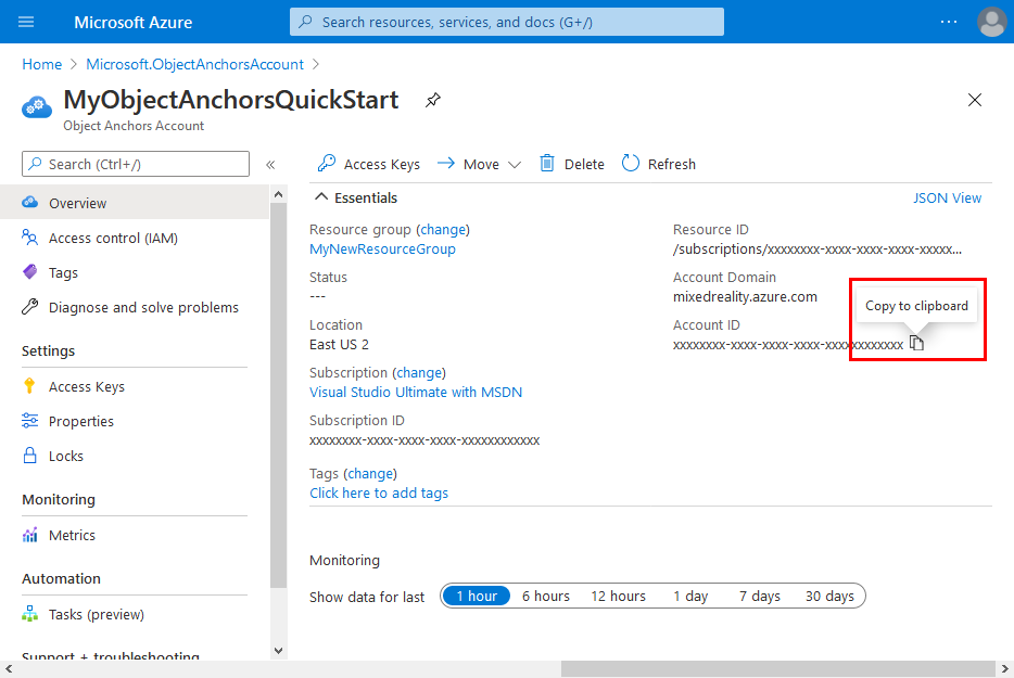 Object Anchors リソースのアカウント ID をコピーする