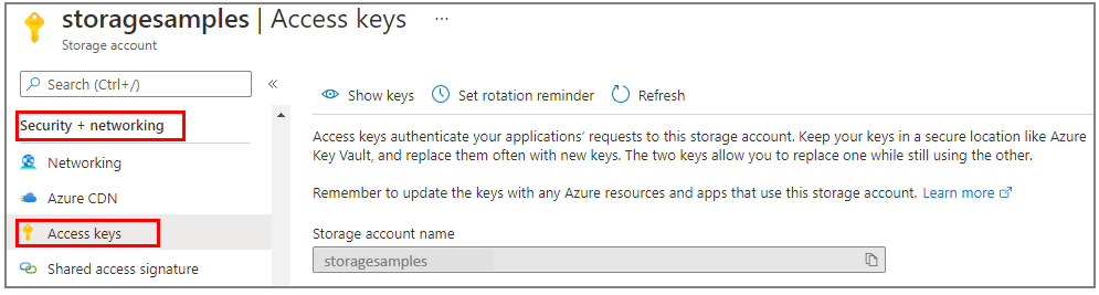 Azure portal 内のアクセス キー設定の場所を示すスクリーンショット