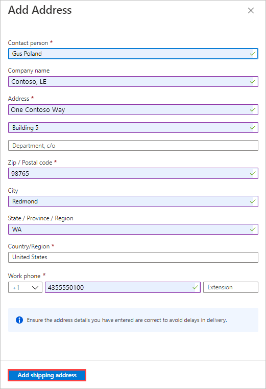 Azure Import/Export ポータルに表示された、インポート ジョブの [住所の追加] ブレードの住所を示すスクリーンショット。[配送先住所の追加] ボタンが強調表示されています。