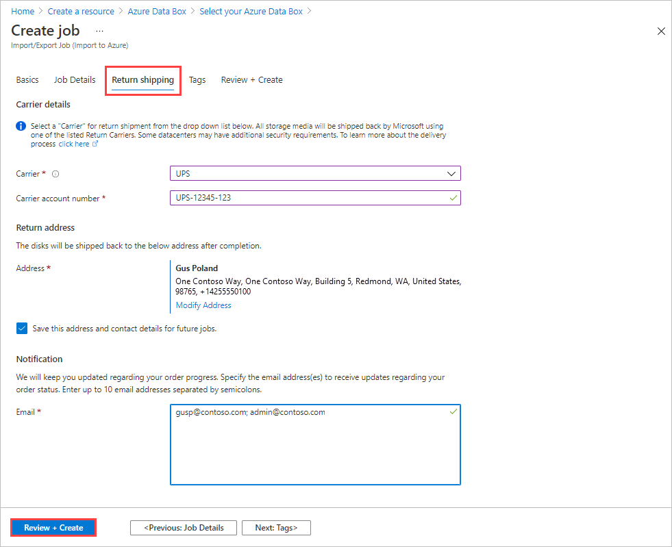 Azure Data Box のインポート ジョブの [返送] タブを示すスクリーンショット。すべてのフィールドが入力されています。[返送] タブと [確認および作成] ボタンが強調表示されています。