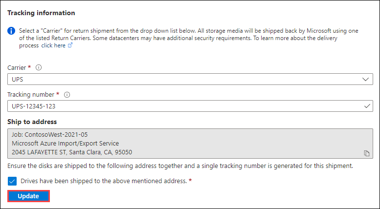 プレビュー ポータルに表示された、完了状態の Azure Import/Export ジョブの [概要] ペインの追跡情報を示すスクリーンショット。