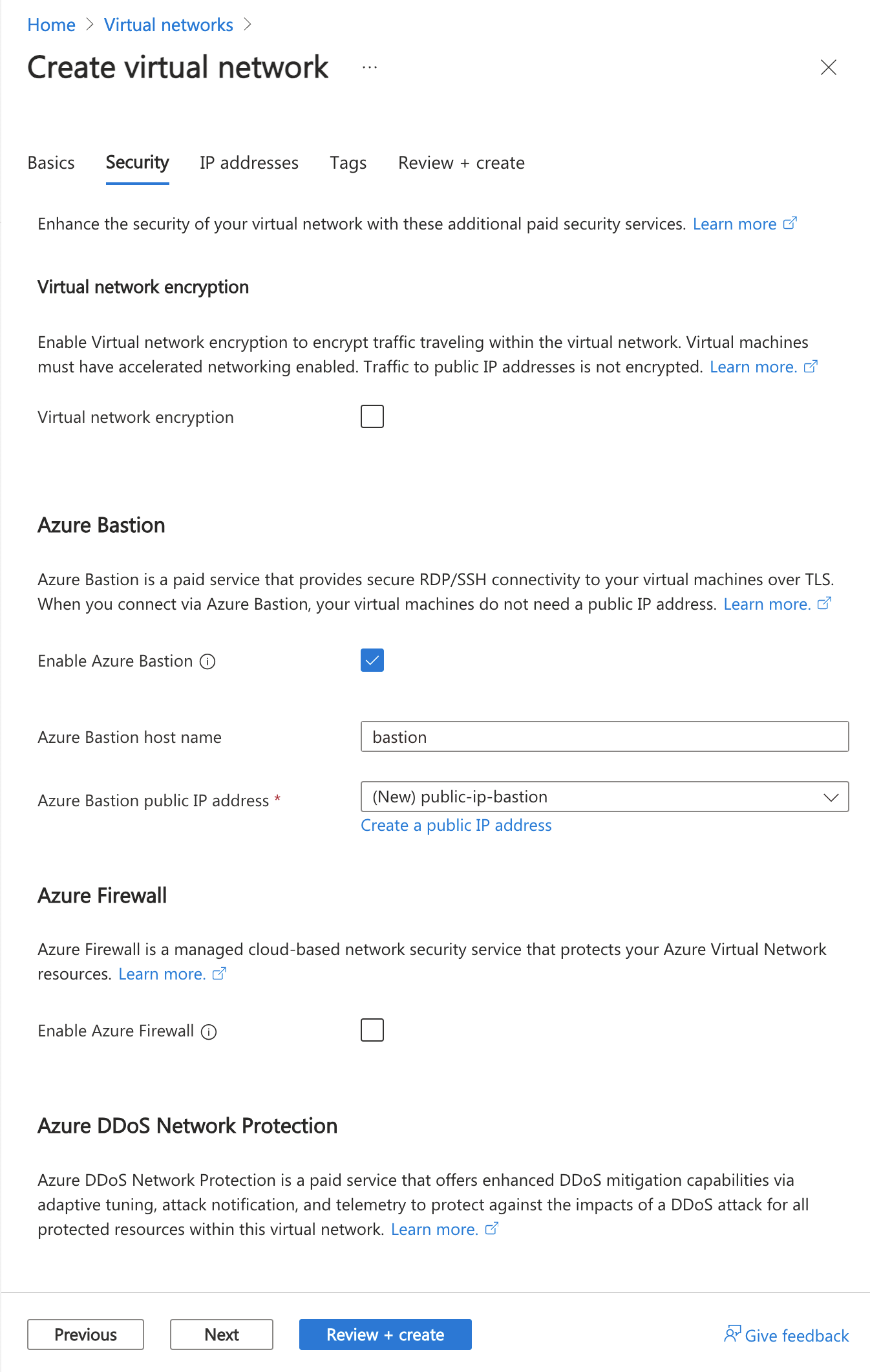 Azure portal の [仮想ネットワークの作成] の bastion ホストの有効化のスクリーンショット。