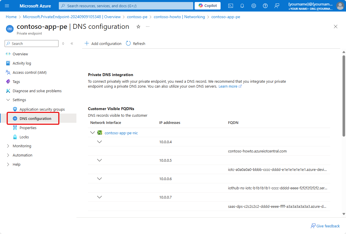 顧客に表示される FQDN を示す Azure portal のスクリーンショット。