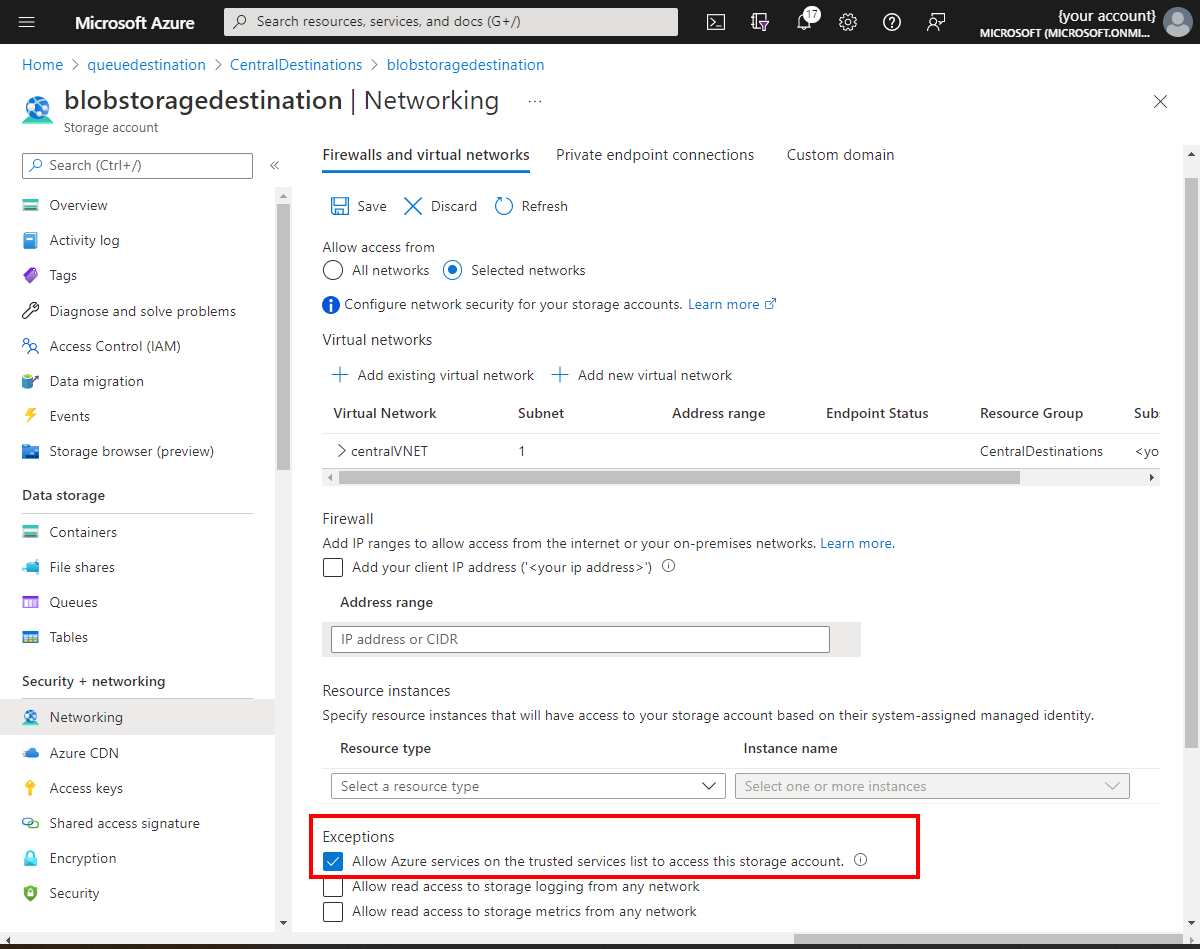 Azure Blob Storage 仮想ネットワークのファイアウォール例外を示す Azure portal からのスクリーンショット。