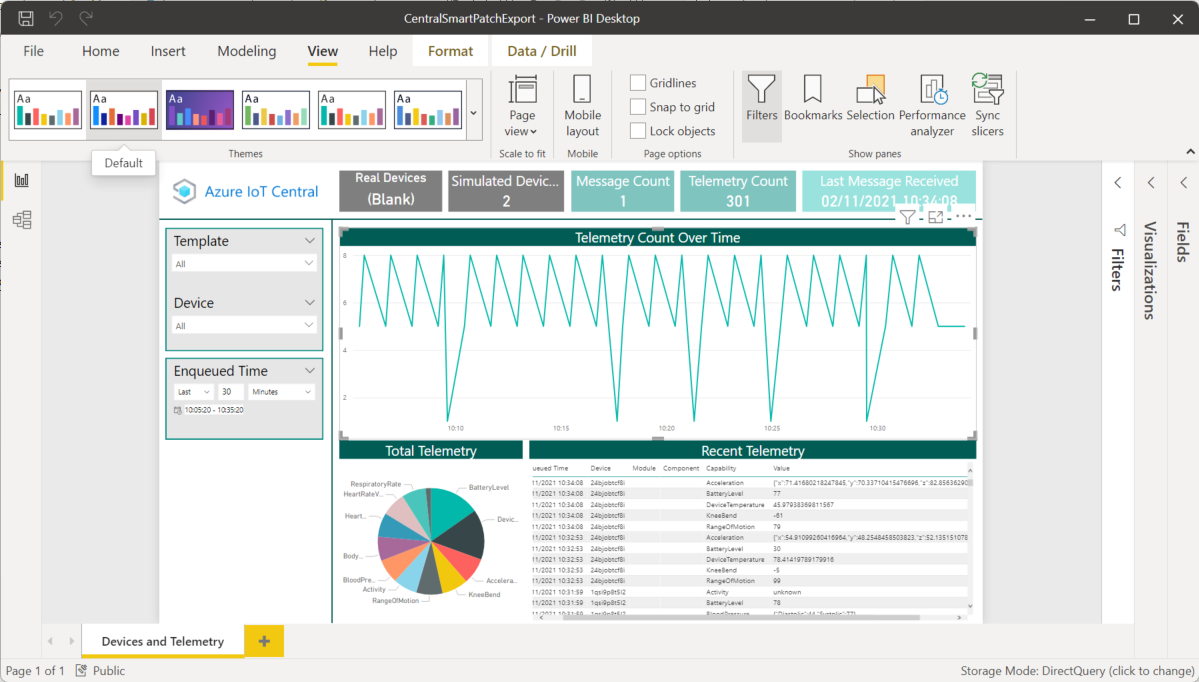 IoT Central からのデータを表示した Power BI レポートのスクリーンショット。