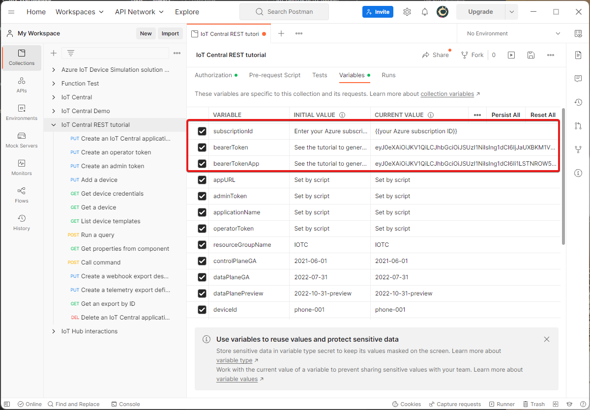 Postman コレクションに手動で設定された変数を示すスクリーンショット。