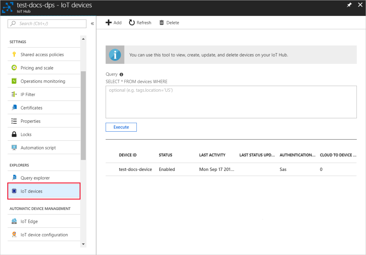 デバイスが Node.js 用の IoT ハブに登録されている