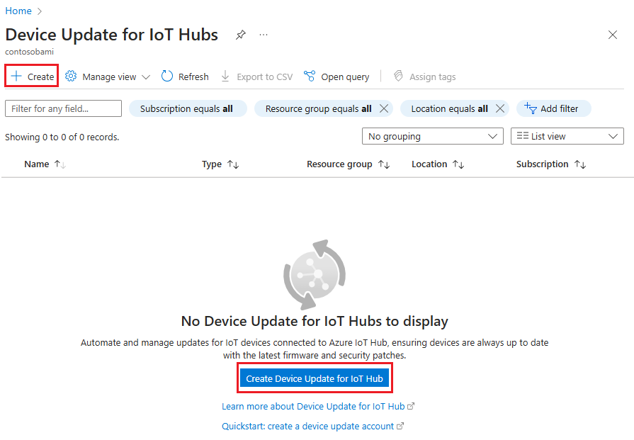 Device Update for IoT Hub リソースのスクリーンショット。