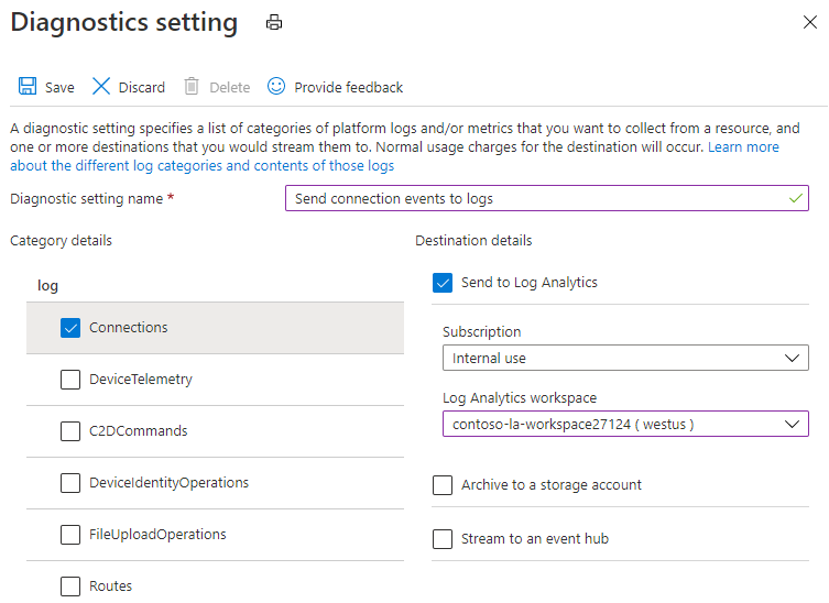 Log Analytics ワークスペースに接続ログを送信するための推奨設定。