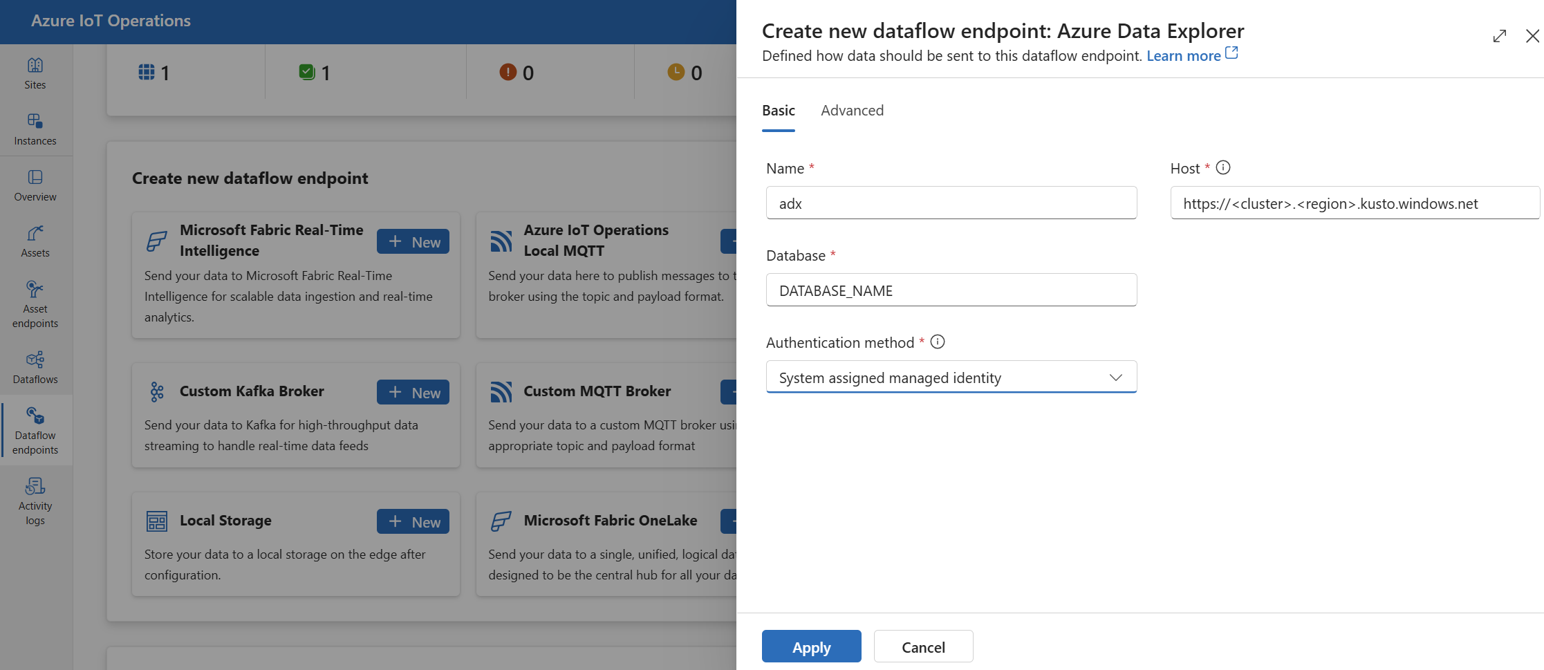 操作エクスペリエンスを使用して Azure Data Explorer データフロー エンドポイントを作成するスクリーンショット。