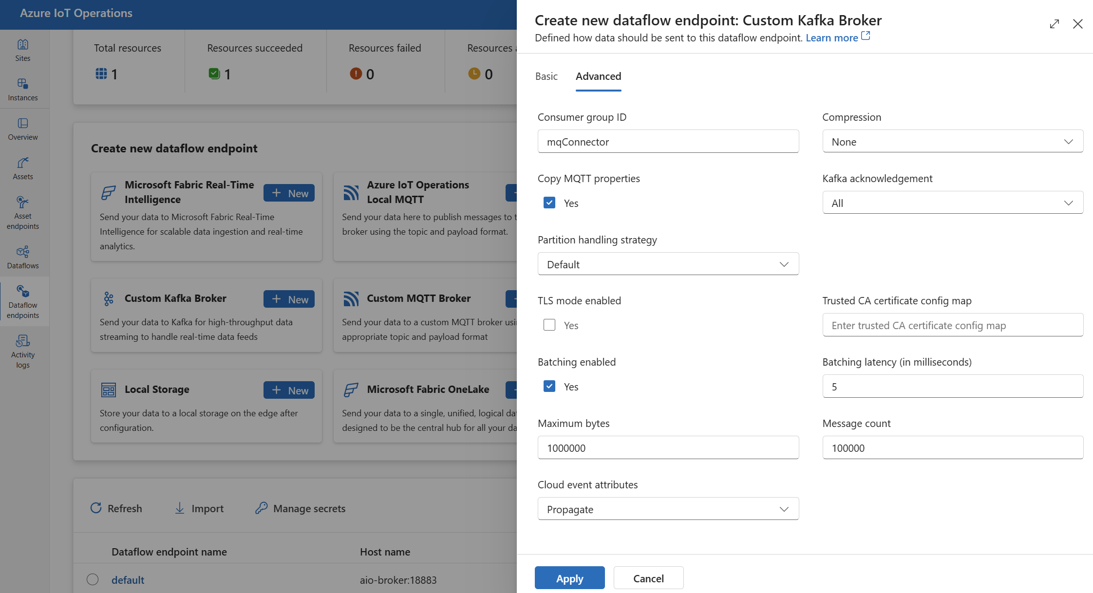 Operations Experience を使って Kafka データフロー エンドポイントの詳細設定を行っているスクリーンショット。