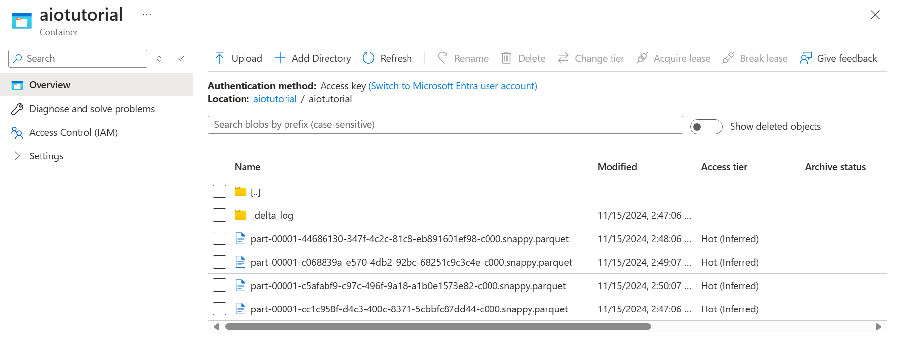 コンテナー内のファイルが表示されている Azure portal のスクリーンショット。