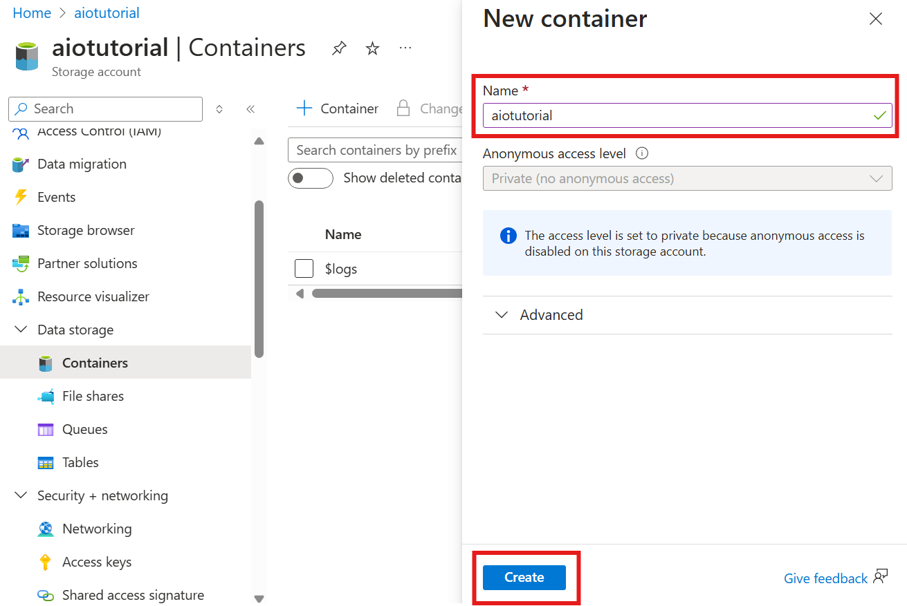 Azure portal でのストレージ コンテナーの作成方法を示すスクリーンショット。