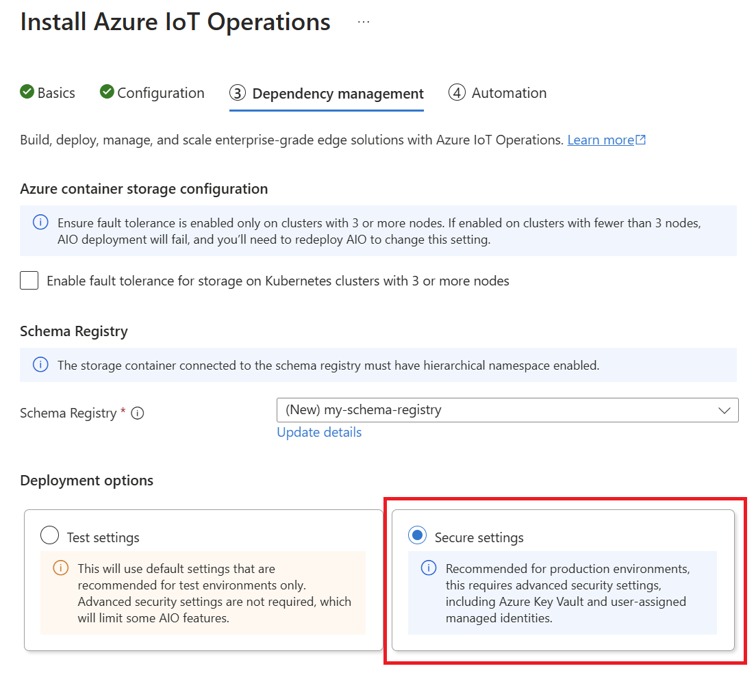 ポータルから Azure IoT Operations をデプロイするための 3 番目のタブでの、セキュリティで保護された設定の選択を示すスクリーンショット。