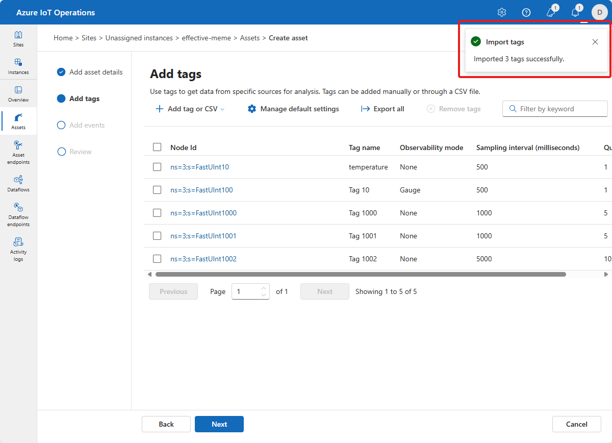 操作エクスペリエンスの Excel ファイルからのインポートが完了したことを示すスクリーンショット。