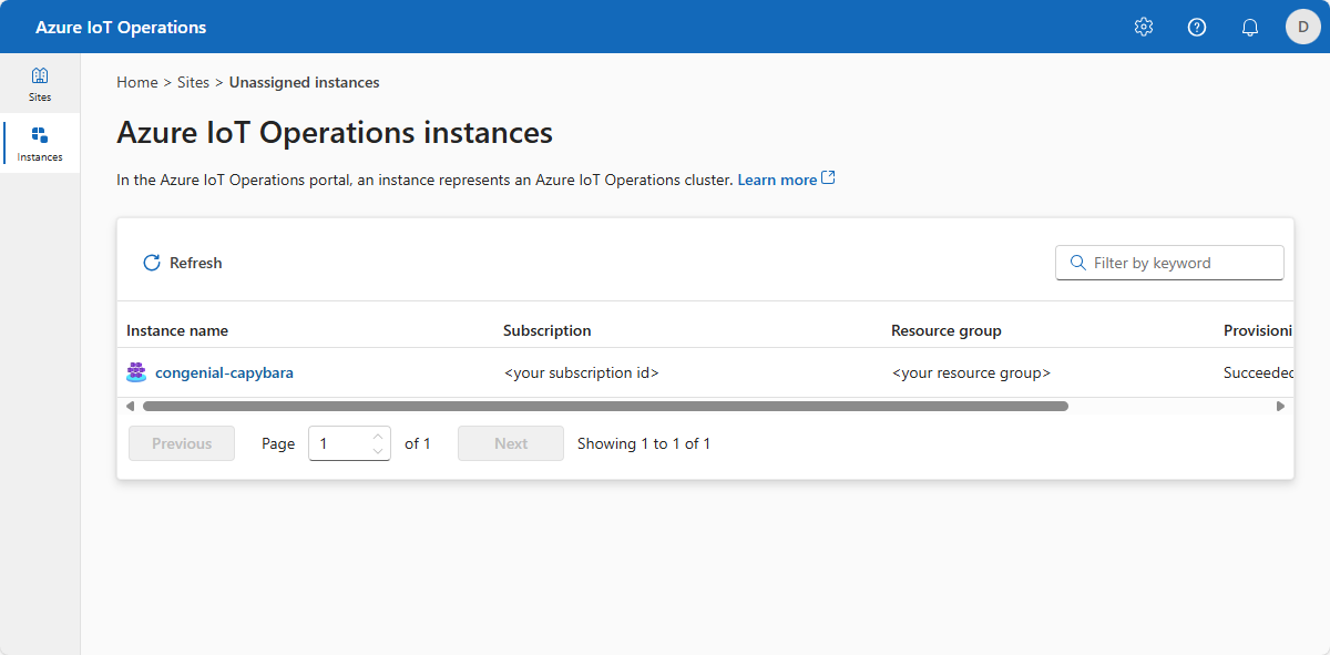 Azure IoT Operations インスタンスの一覧のスクリーンショット。