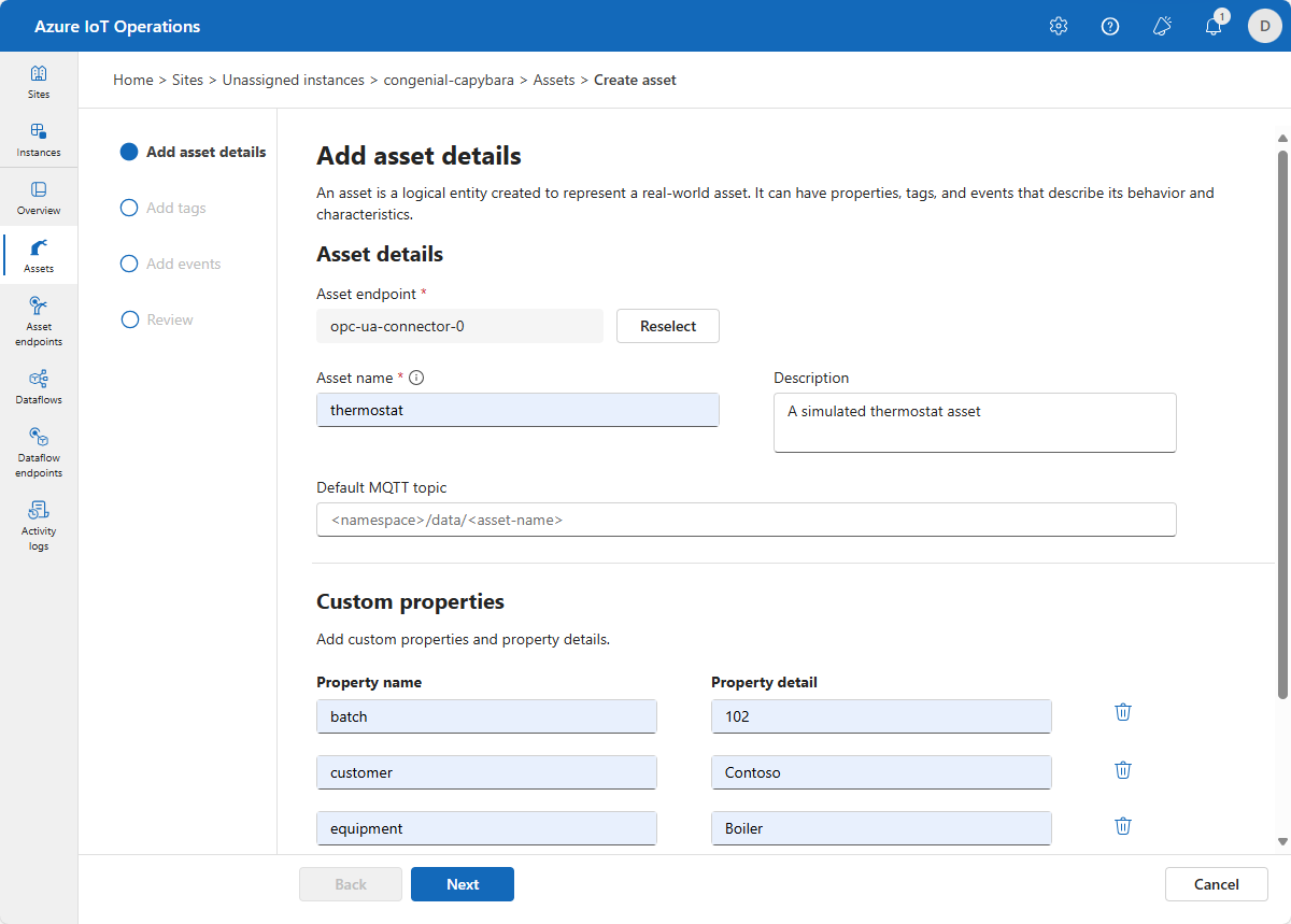 Azure IoT Operations の資産の詳細ページのスクリーンショット。