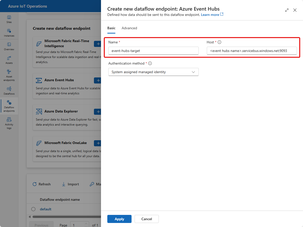 [新しいデータフロー エンドポイントの作成: Azure Event Hubs] ページのスクリーンショット。