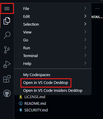 VS Code Desktop でコードスペースを開く方法を示すスクリーンショット。