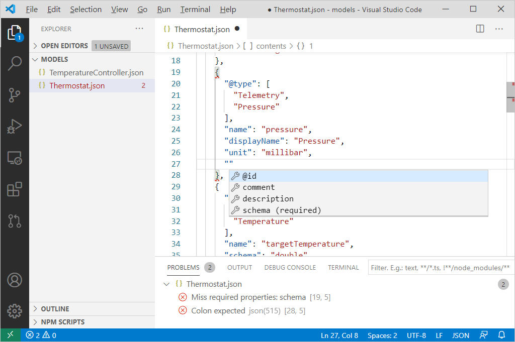 VS Code の DTDL モデルの Intellisense を示すスクリーンショット。