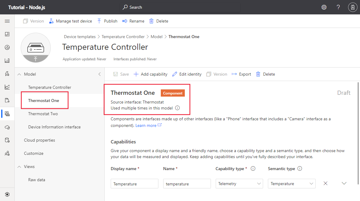 IoT Central での温度コントローラー デバイス テンプレートのサーモスタット コンポーネントを示すスクリーンショット。