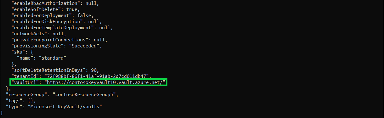 上記のコマンドのコンソール出力。ユーザーが確認できるように、ID と vaultUri の両方が緑色で強調表示されています。