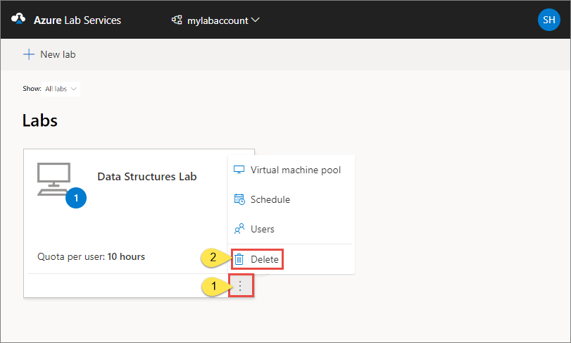 Azure Lab Services Web サイトのラボの一覧を示すスクリーンショット。[削除] ボタンが強調表示されています。