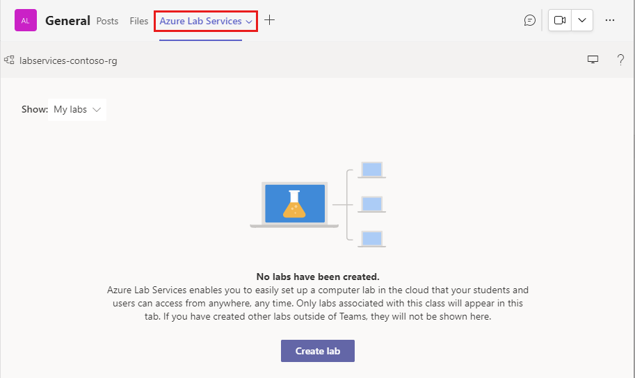 Microsoft Teams の [Azure Lab Service] ホーム画面を示すスクリーンショット。[Azure Lab Services] タブが強調表示されています。