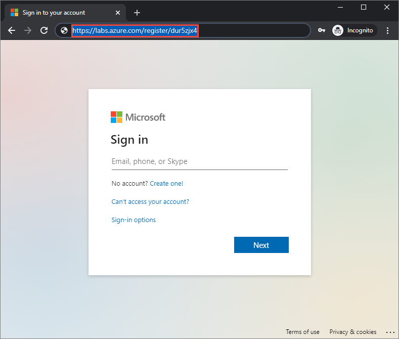 。登録リンクが強調されている、Azure Lab Services の登録リンクの例を含むブラウザーのスクリーンショット。