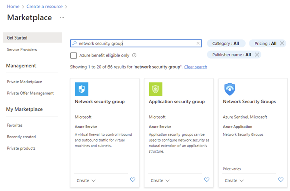 仮想ネットワーク セキュリティ グループ タイルが表示されている Azure Marketplace のスクリーンショット。