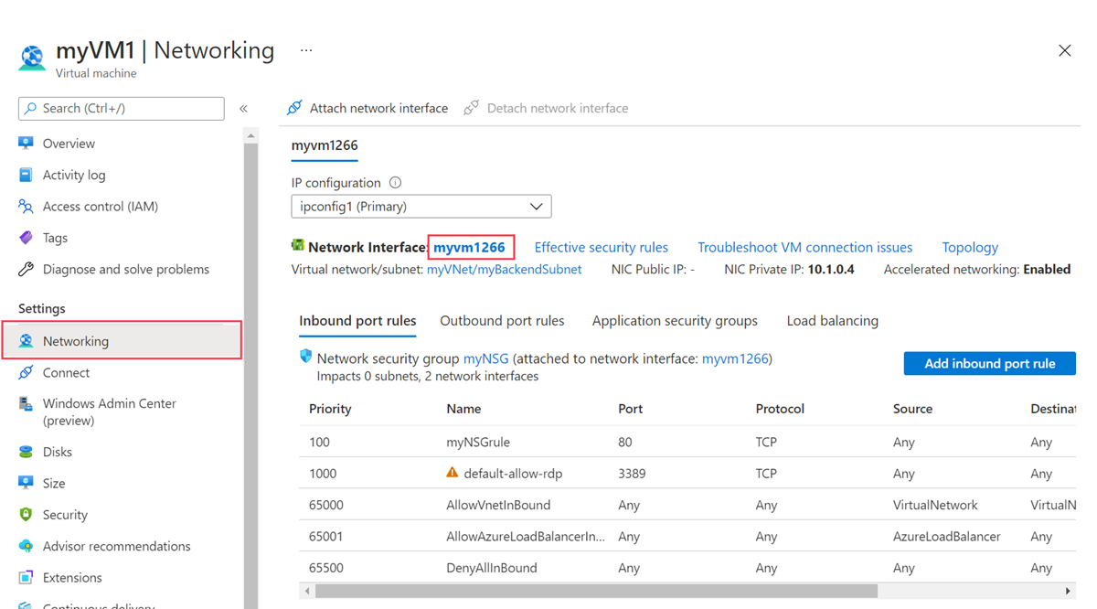 Azure portal の myVM1 のネットワーク構成のスクリーンショット。