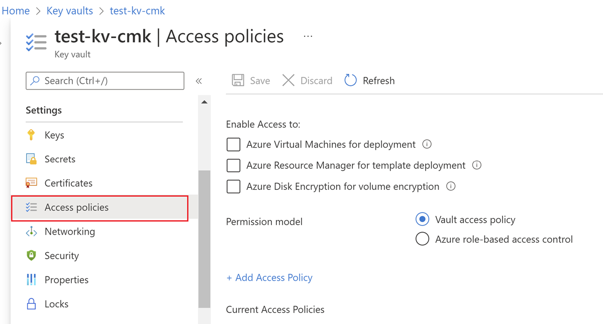 Azure portal でのキー コンテナーのアクセス ポリシー オプションを示すスクリーンショット。