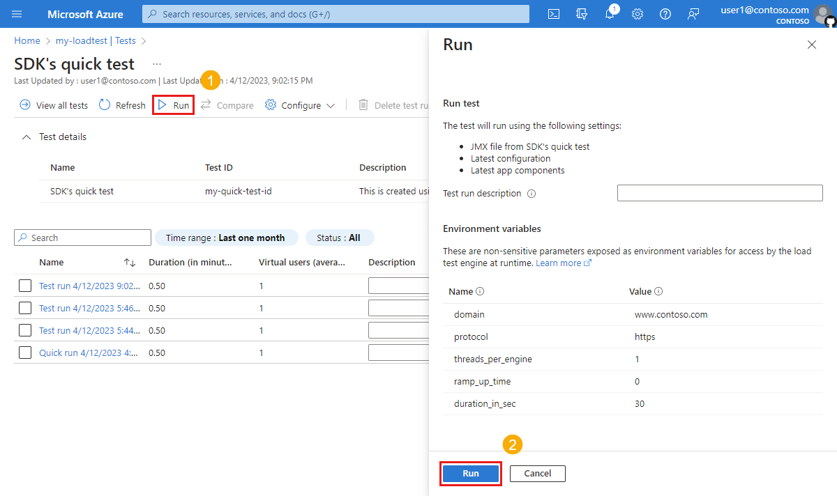 Screenshot that shows the run load test page in the Azure portal, allowing an override of the test run description and test parameters.