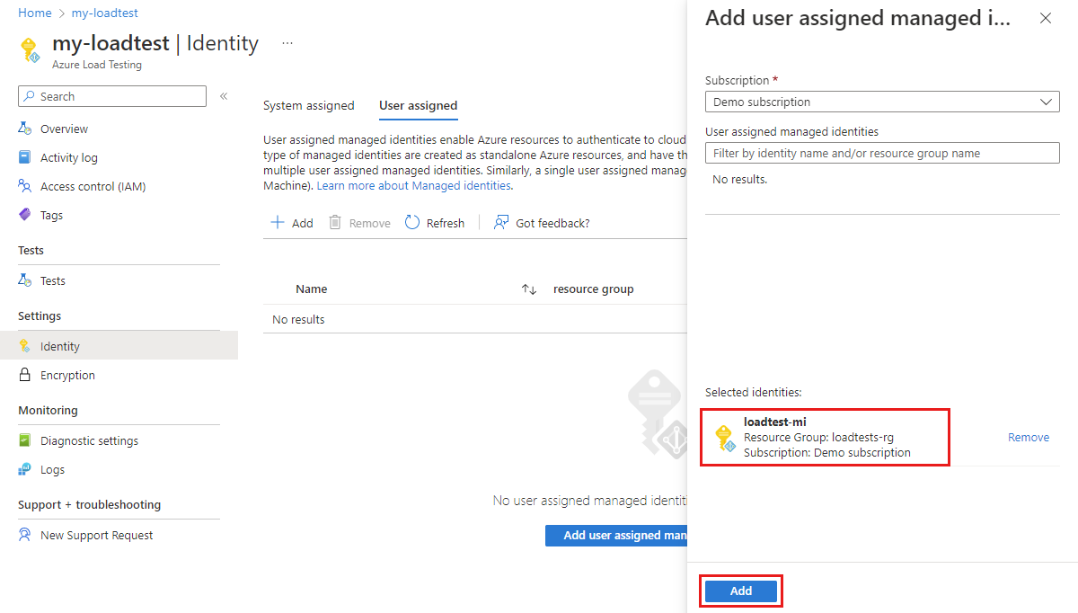 Azure Load Testing のユーザー割り当てマネージド ID をオンにする方法を示すスクリーンショット。