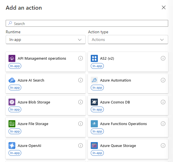 [アプリ内] と [共有] のどちらが選択されているかに基づいて、Azure portal、Standard ワークフロー デザイナー、コネクタがスクリーンショットで表示されます。