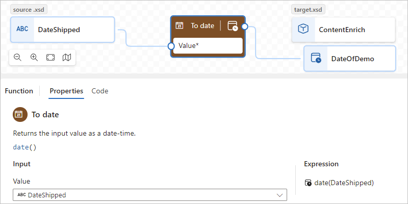 関数 To date の [プロパティ] タブを示すスクリーンショット。