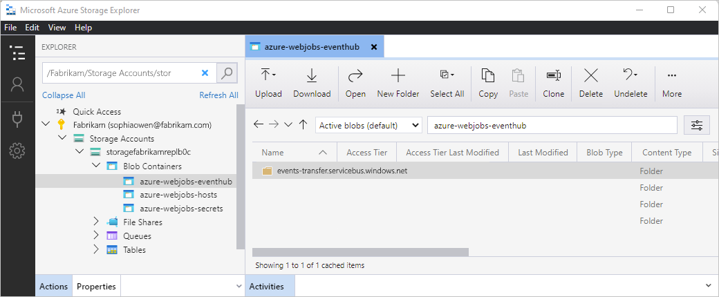 Azure Storage Explorer のスクリーンショット。ストレージ アカウントと BLOB コンテナーが展開され、