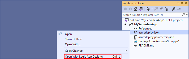 [ロジック アプリ デザイナーで開く] が選択された [azuredeploy.json] ショートカット メニューを示すスクリーンショット。