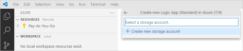 [Logic Apps (Standard)] ウィンドウと、ストレージ アカウントを作成または選ぶように求めるプロンプトを示すスクリーンショット。