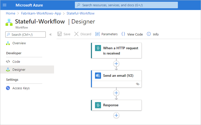 Visual Studio Code からデプロイされたワークフロー デザイナーとワークフローを示すスクリーンショット。