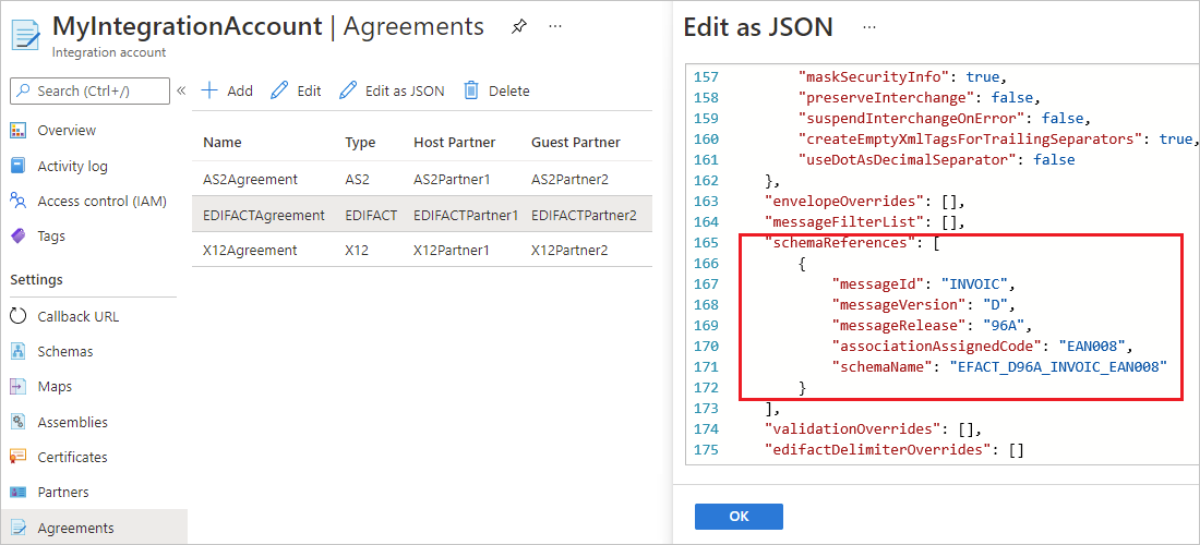 JSON エディターに EDIFACT 契約の 