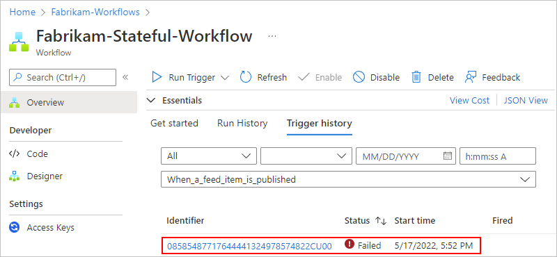 スクリーンショットでは、選択された Standard ワークフロー トリガー エントリが示されています。