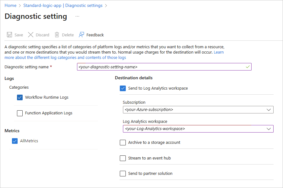 Azure portal が示されているスクリーンショット。[Standard ロジック アプリ リソース] メニューで Log Analytics のオプションが選択されています。