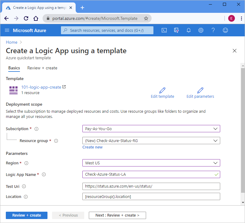 [テンプレートを使用したロジック アプリの作成] プロパティとサンプル値を含む Azure portal を示すスクリーンショット。